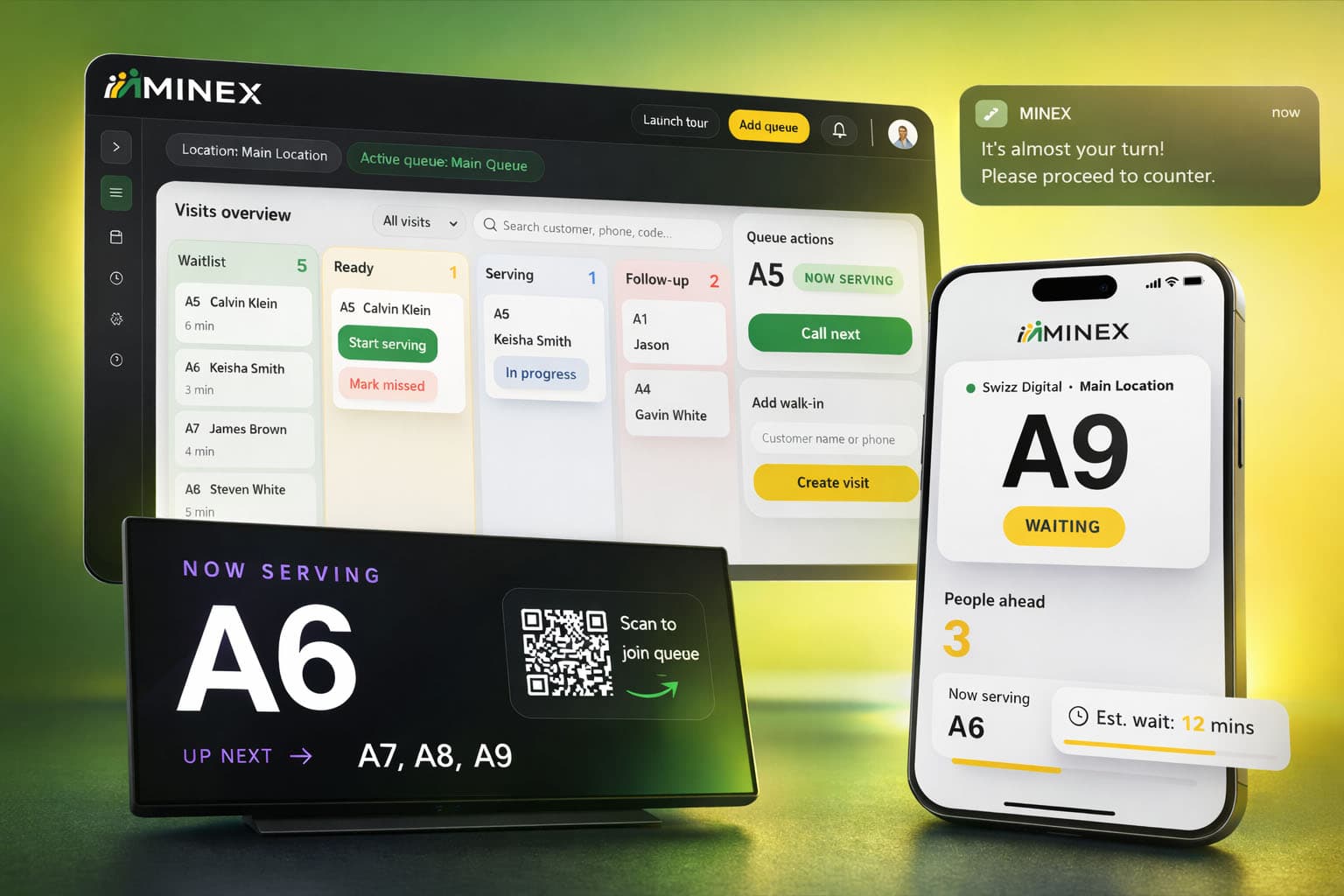Minex dashboard, queue display, and mobile queue experience
