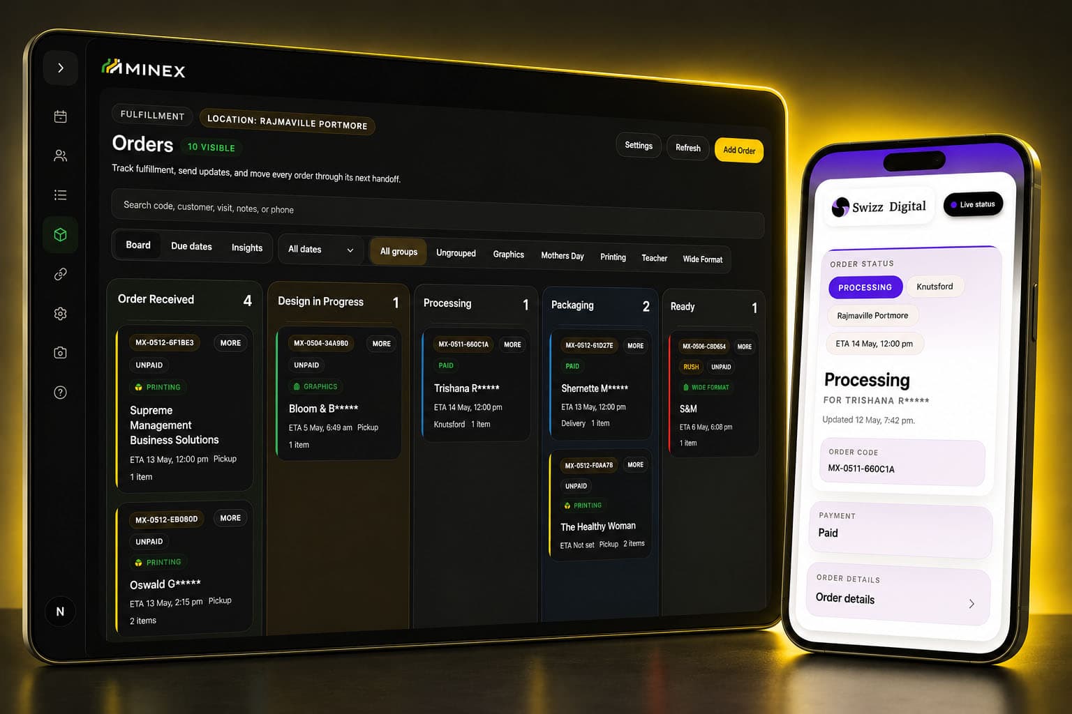 Minex order dashboard and mobile order experience